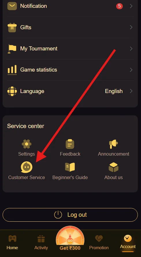 An image from the Account page with an arrow pointing towards the Customer service option.